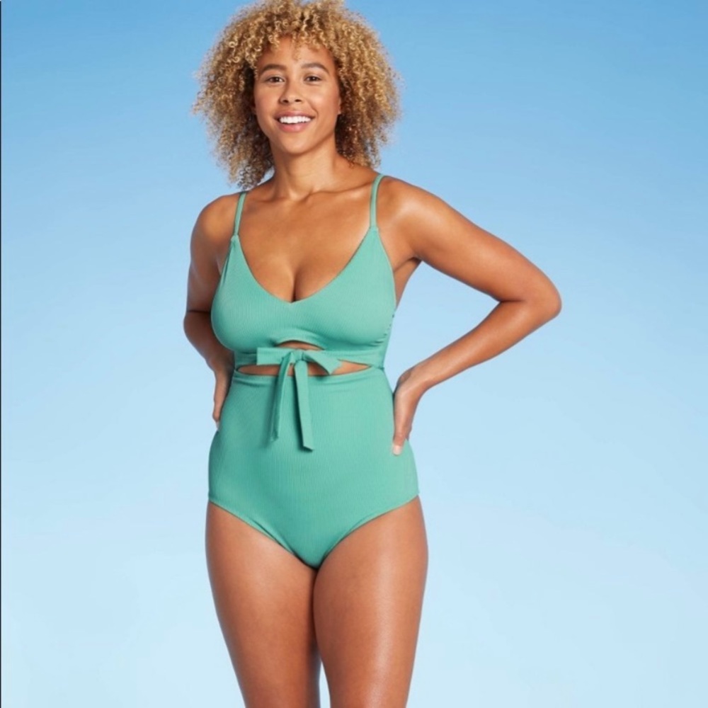 Shade & Shore Green Ribbed Cutout One Piece Swimsuit Size Small NWT